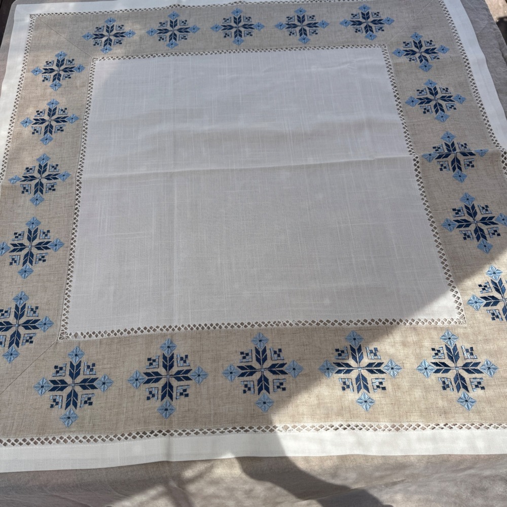 Vintage Table Topper 33x33 Blue White Embroidered Linen Folk Mid-Century Square